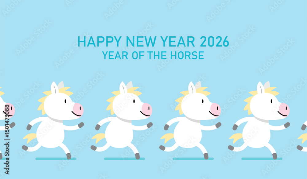Obraz premium Zodiac horses cartoon vector illustration. Group of horses running. Happy new year of the horse 2026 greeting card.