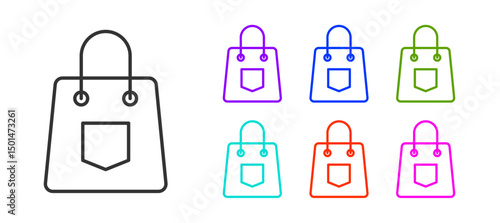 Black line Handbag icon isolated on white background. Female handbag sign. Glamour casual baggage symbol. Set icons colorful. Vector