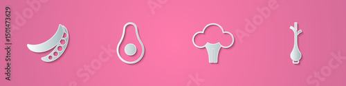 Set paper cut Green peas, Avocado fruit, Broccoli and Fresh green onions icon. Paper art style. Vector
