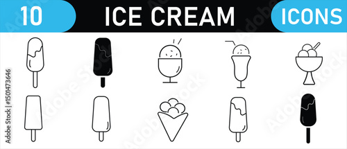 Ice cream icons set. Ice cream black silhouette icons set on white. Kulfi vector icon. Sunny days icons set, warm weather icons, juice icons set. Frozen dessert icon.