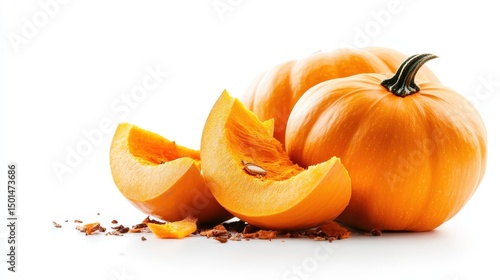 Several vibrant pumpkins, sliced open to reveal their bright orange flesh, embodying the essence of autumn, harvest season, and seasonal celebrations like Halloween.