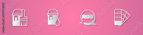 Set paper cut Paint bucket with brush, RGB and Color palette guide icon. Paper art style. Vector