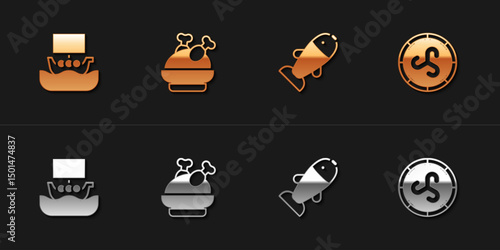 Set Viking ship Drakkar, Roasted turkey or chicken, Fish and Shield viking icon. Vector