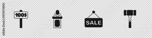 Set Hand holding auction paddle, Auction auctioneer sells, Price tag with Sale and hammer icon. Vector
