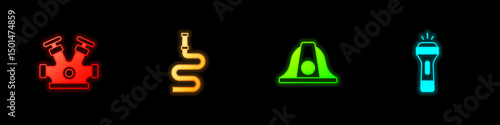 Set Fire hydrant, hose reel, Firefighter helmet and Flashlight icon. Vector