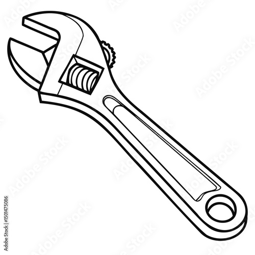 Adjustable wrench vector outline or vector line art on transparent background