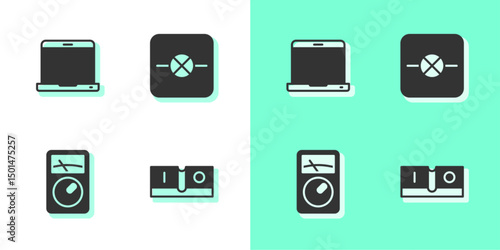 Set Electric light switch, Laptop, Ampere meter, multimeter and Lamp in electronic circuit icon. Vector