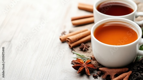 Fototapeta Naklejka Na Ścianę i Meble -  Two cups of spiced tea sit invitingly amidst warm cinnamon and cloves, suggesting comfort and warmth, ideal for cozy moments and gatherings during the colder seasons.