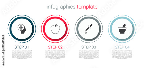 Set Atom, Apple, Pipette and Mortar and pestle. Business infographic template. Vector