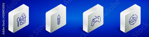 Set Isometric line Ice cream in bowl, Firework rocket, Gamepad and Hunt on rabbit with crosshairs icon. Vector