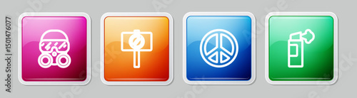 Set line Gas mask, Protest, Peace and Pepper spray. Colorful square button. Vector