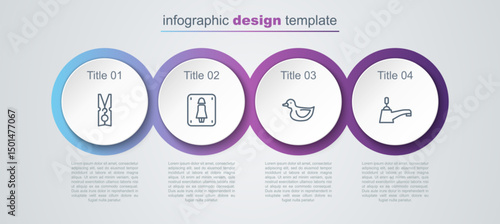 Set line Clothes pin, Female toilet, Rubber duck and Water tap. Business infographic template. Vector