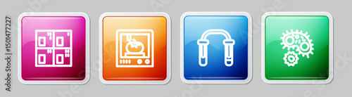 Set line Periodic table, 3D printing technology, Test tube and flask and Virus. Colorful square button. Vector