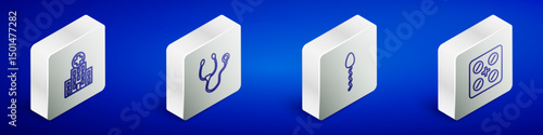 Set Isometric line Medical hospital building, Stethoscope, Sperm and Pills blister pack icon. Vector