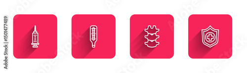 Set line Syringe, Medical thermometer, Human spine and Life insurance hand with long shadow. Red square button. Vector
