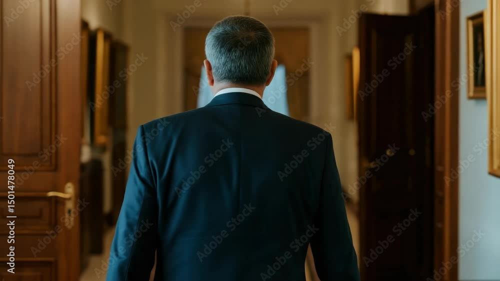 Man in business suit walking down hallway, seen from behind Man in business suit walking down hallway, seen from behind