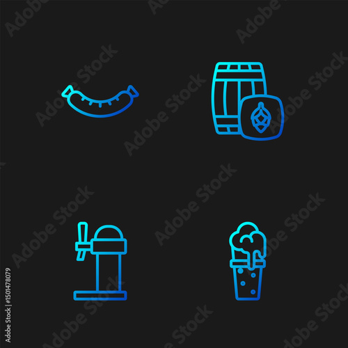 Set line Glass of beer, Dispenser, Sausage and Wooden barrel. Gradient color icons. Vector