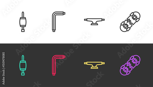 Set line Screwdriver, Tool allen keys, Skateboard wheel and Broken skateboard on black and white. Vector