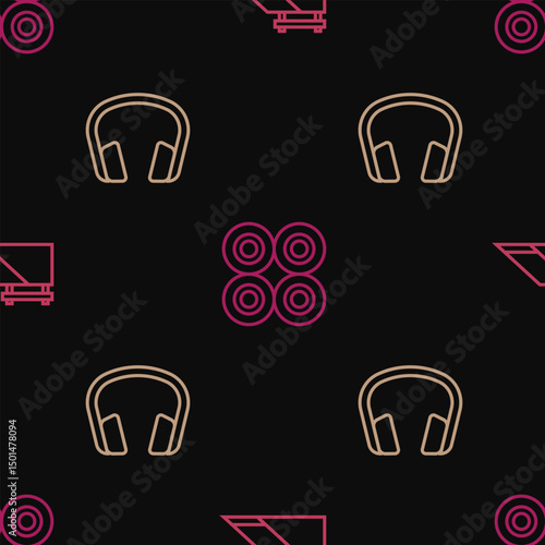 Set line Skate park, Headphones and Skateboard wheel on seamless pattern. Vector