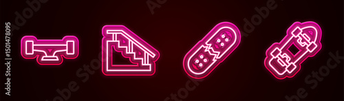 Set line Skateboard wheel, stairs with rail, Broken skateboard deck and . Glowing neon icon. Vector