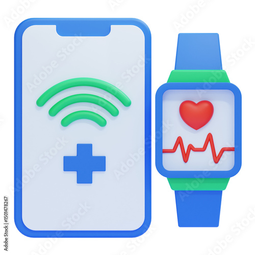 PNG 3D Mobile and Wearable Health Tracking System Icon Isolated on a White Background