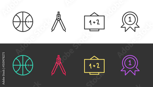 Set line Basketball ball, Drawing compass, Chalkboard and Medal on black and white. Vector