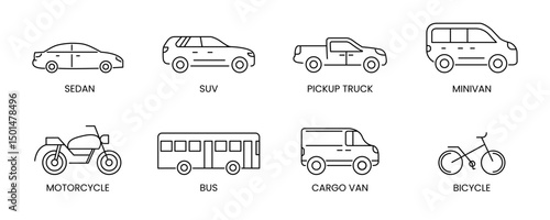 Vehicle Icon Set featuring Sedan, SUV, Pickup Truck, Minivan, Motorcycle, Bus and Bicycle. Clean vector illustrations perfect for transportation apps, car rental websites and automotive projects.
