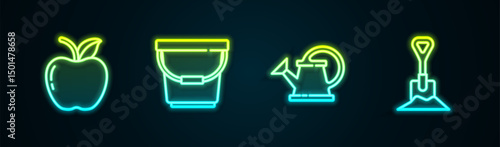 Set line Apple, Bucket, Watering can and Shovel the ground. Glowing neon icon. Vector