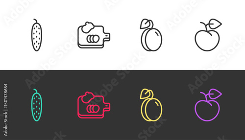 Set line Cucumber, Cutting board with vegetables, Plum fruit and Peach or nectarine on black and white. Vector