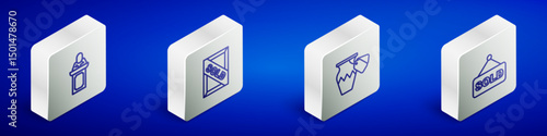 Set Isometric line Auction auctioneer sells, painting sold, ancient vase and icon. Vector