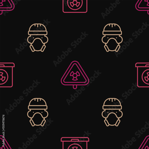 Set line Nuclear laptop, reactor worker and Triangle with radiation on seamless pattern. Vector