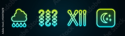 Set line Cloud with rain, Grilled shish kebab on skewer, Match stick and Moon and stars. Glowing neon icon. Vector