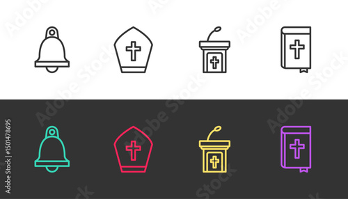 Set line Church bell, Pope hat, sermon tribune and Holy bible book on black and white. Vector