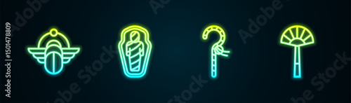 Set line Egyptian Scarab, mummy in sarcophagus, Crook and fan. Glowing neon icon. Vector