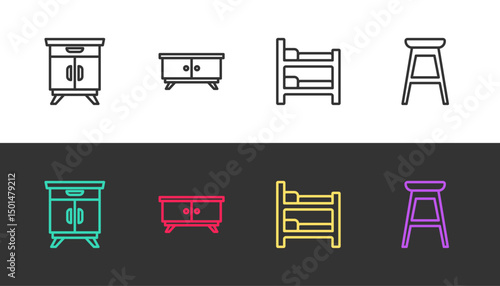 Set line Furniture nightstand, Bunk bed and Chair on black and white. Vector
