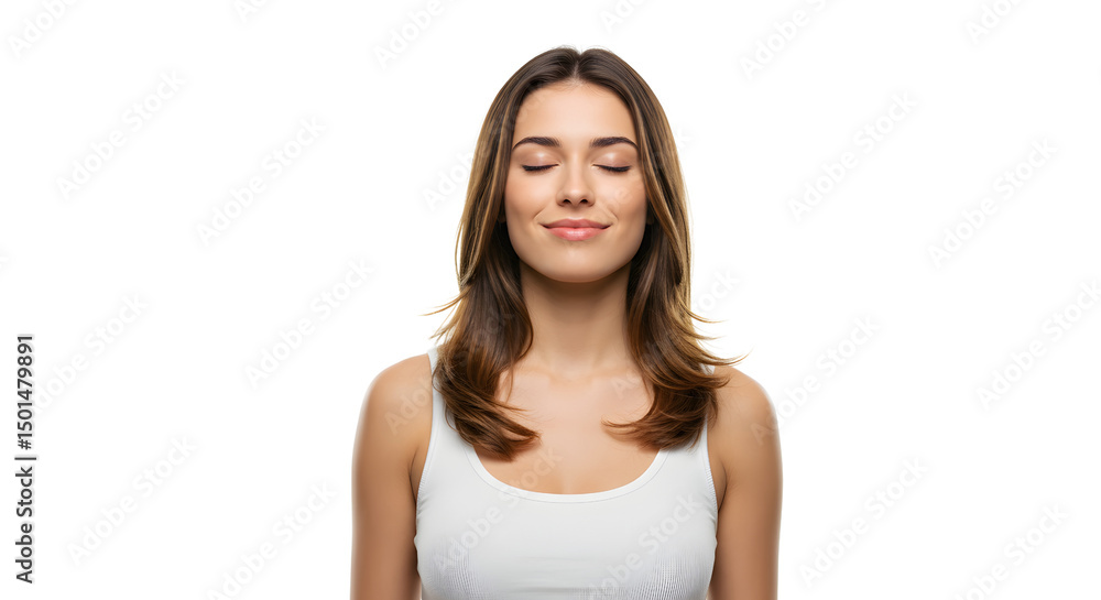Relaxed 35-Year-Old Woman with Eyes Closed and Gentle Smile Against White Background Relaxed 35-Year-Old Woman with Eyes Closed and Gentle Smile Against White Background