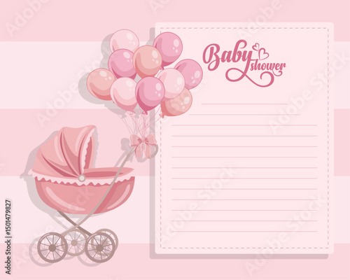 Baby shower invitation or greeting card template with cute pink baby girl stroller