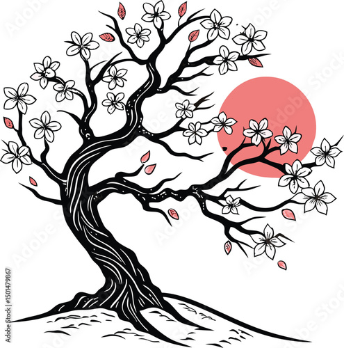 Cherry Blossom Tree Illustration Silhouettes Collection. Elegant Cherry Blossom Tree Silhouettes for Art Projects. Hand Drawn Cherry Blossom Tree Silhouettes. Japanese Cherry Blossom Tree Illustration