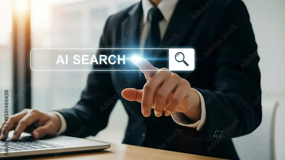 AI search technology revolution SEO, Businessman browsing internet using AI search tool to optimize content and improve ranking. SEO artificial intelligence for efficient data discovery.