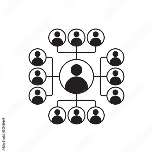 Monochrome social network icon showing connected people in a circular web structure with central hub and surrounding nodes, ideal for communication, community, teamwork, and digital network concepts
