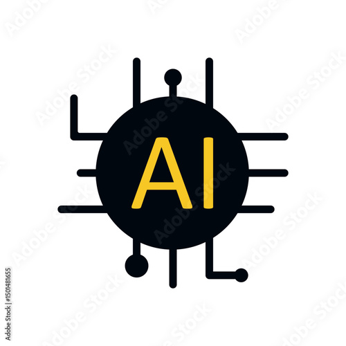 Flat style AI processor symbol with dark circular core and bold yellow letters