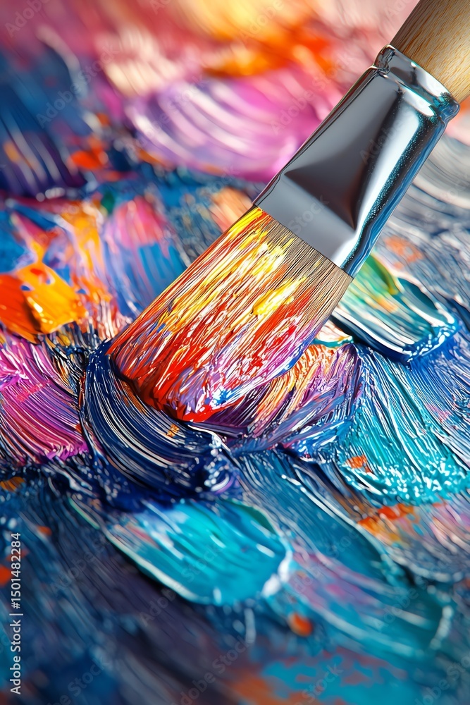 Fototapeta premium Vibrant paintbrush strokes on a colorful canvas. Close-up image of artist's tools and expressive artwork.