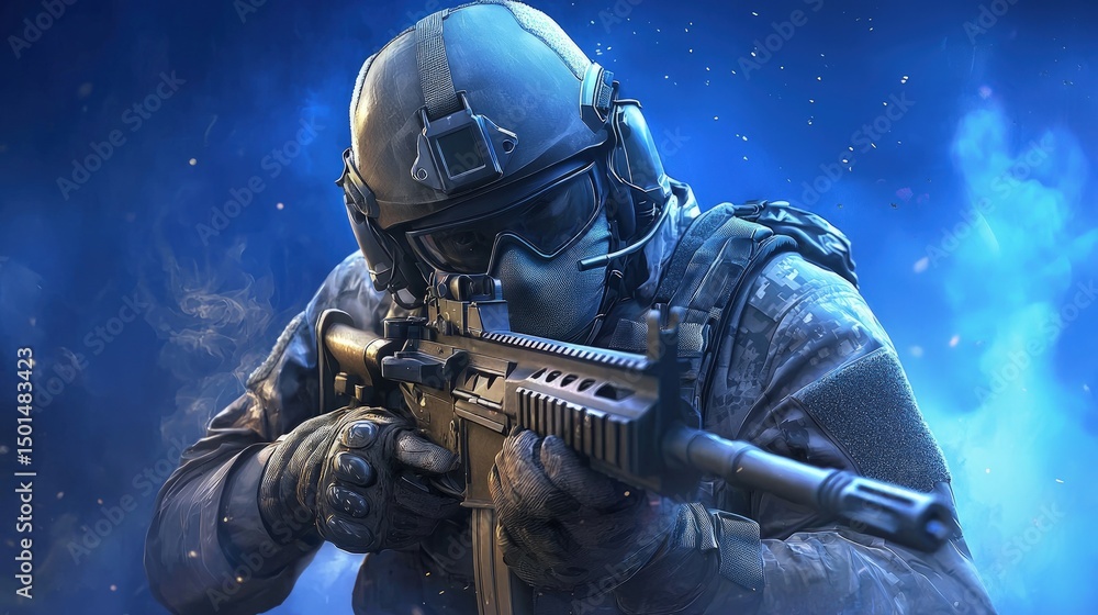 Fototapeta premium A military soldier in tactical gear aiming a rifle.