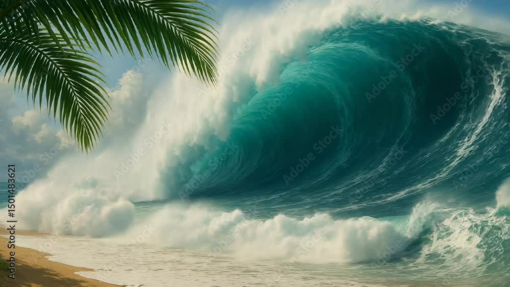 Una enorme ola de tsunami se estrella contra la playa. Escena dramática con agua poderosa, cielo nublado y personas en peligro. Desastre natural en acción