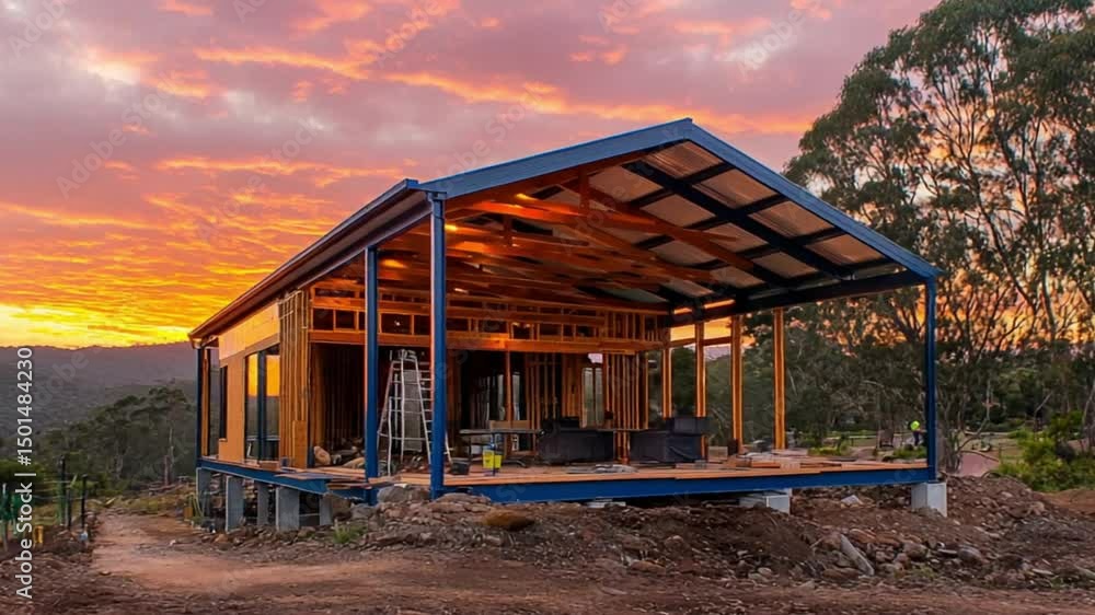 Rural house construction sunset Rural house construction sunset