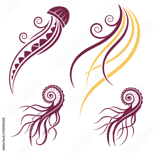 Elegant stylized jellyfish and nautilus shell designs