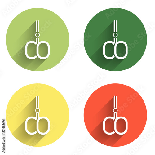 Set Nail scissors cuticle cut beauty salon icon isolated with long shadow background. Cosmetic scissors for manicure. Color circle button. Vector