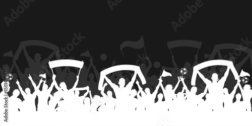 Dynamic silhouette of cheering soccer supporters waving flags and banners, perfect for sports events, football advertisements, matchday visuals and crowd-themed promotional designs
