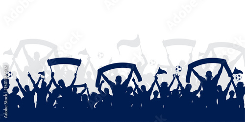 Silhouette of cheering soccer fans holding banners and flags, sports event crowd illustration with layered background elements for football promotions, match celebrations, or fan zone graphics