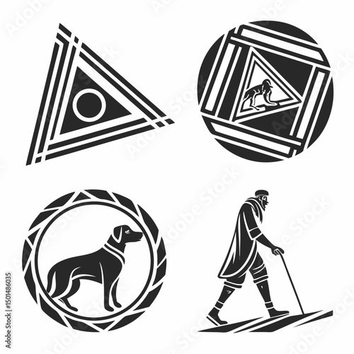 Geometric black and white dog animal elderly man walking stick design